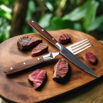 Majestic Blades Steak Knife and Fork Set in Natural Wooden Handle with Serrated Blade